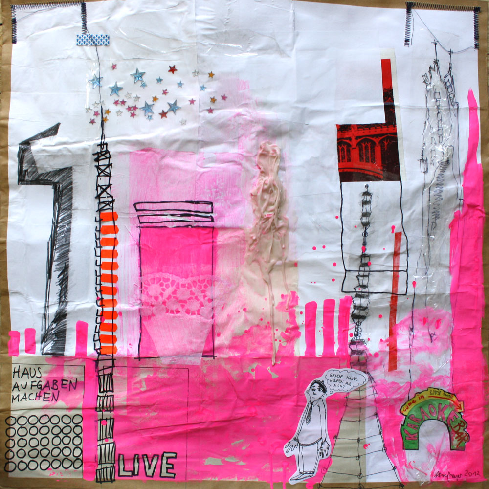 "Karaokebar", Mischtechnik auf verleimtem Papier, 70 cm x 70 cm, Preis auf Anfrage