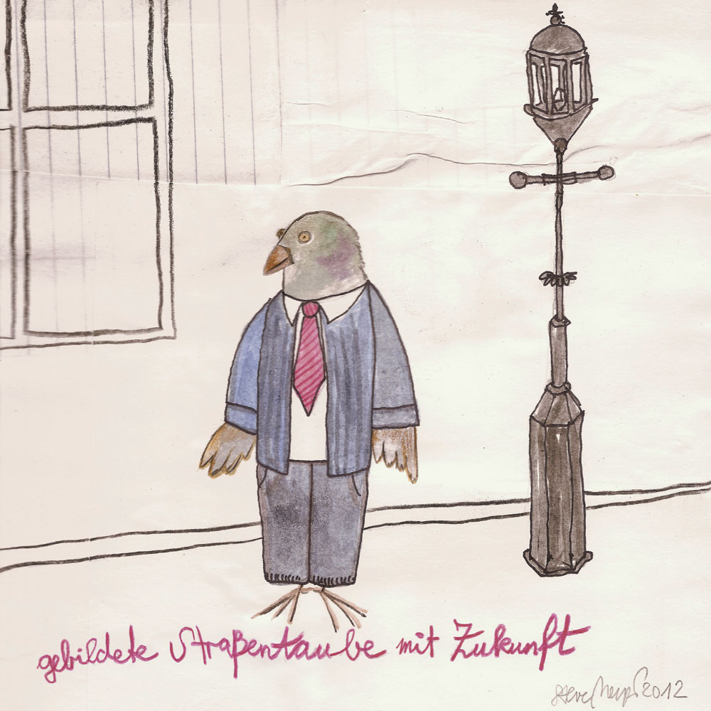 "Gebildete Straßentaube", Mischtechnik auf verleimten Papier, 20 cm x 20 cm, Privatbesitz