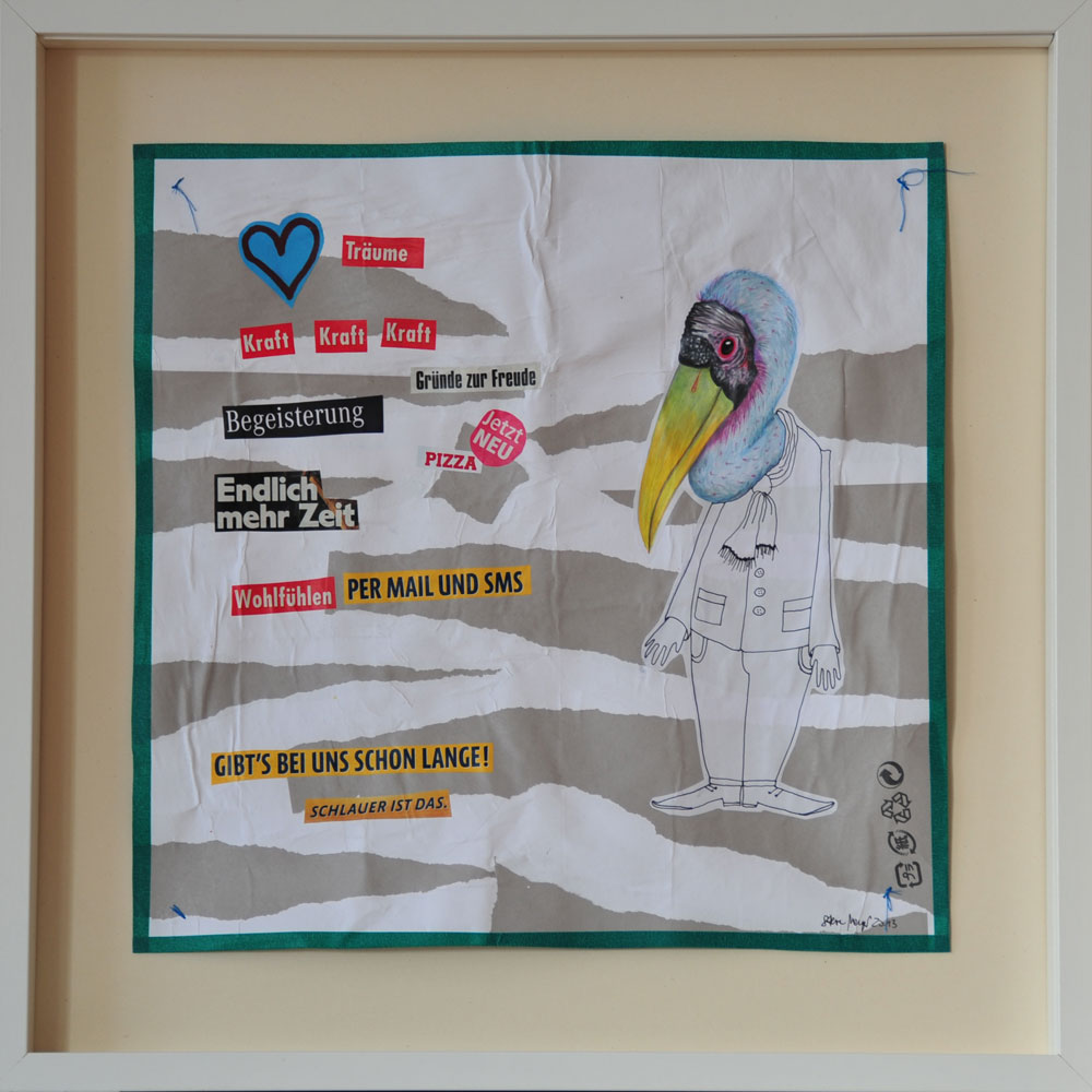 "Träume Kraft, Kraft, Kraft", Mischtechnik auf verleimtem Papier auf Pappe genäht, 50 cm x 50 cm, gerahmt und signiert, Preis: 490.- Euro