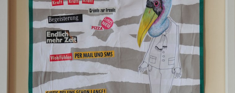 "Träume Kraft, Kraft, Kraft", Mischtechnik auf verleimtem Papier auf Pappe genäht, 50 cm x 50 cm, gerahmt und signiert, Preis: 490.- Euro