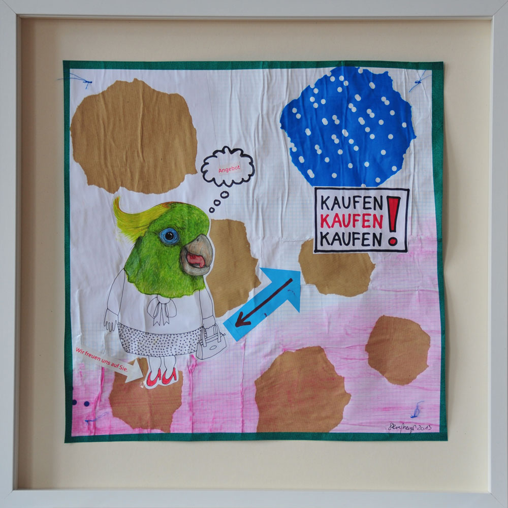 "KAUFEN, KAUFEN, KAUFEN", Mischtechnik auf verleimtem Papier auf Pappe genäht, 50 cm x 50 cm, gerahmt und signiert, Privatbesitz