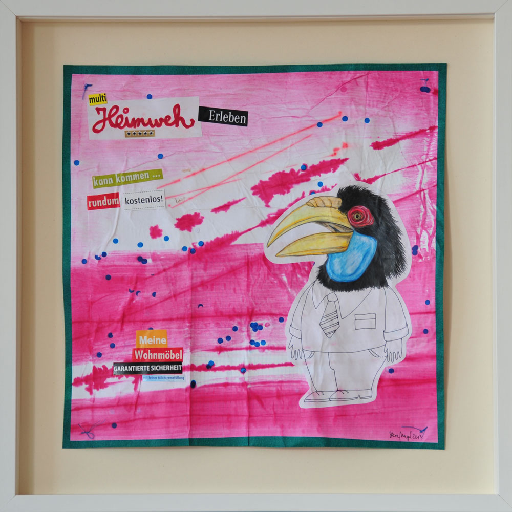 "Multi Heimweh Erleben", Mischtechnik auf verleimtem Papier auf Pappe genäht, 50 cm x 50 cm, gerahmt und signiert, Preis: 490.- Euro