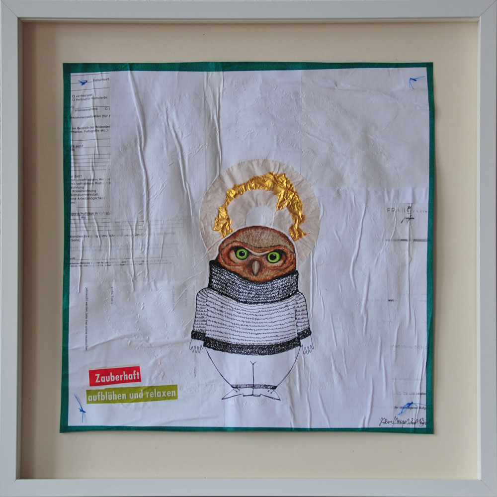 "Zauberhaft", Mischtechnik auf verleimtem Papier auf Pappe genäht, 50 cm x 50 cm, gerahmt und signiert, Privatbesitz