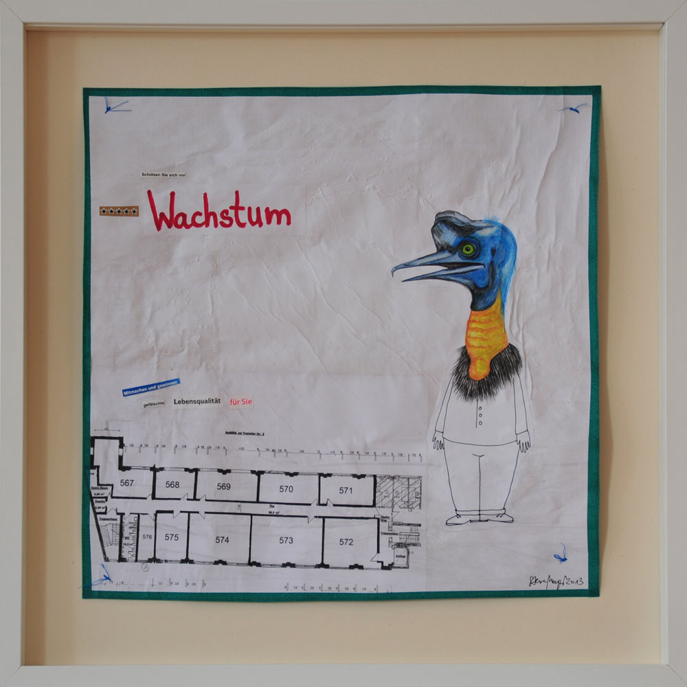 "Wachstum", Mischtechnik auf verleimtem Papier auf Pappe genäht, 50 cm x 50 cm, gerahmt und signiert, Preis: 490.- Euro