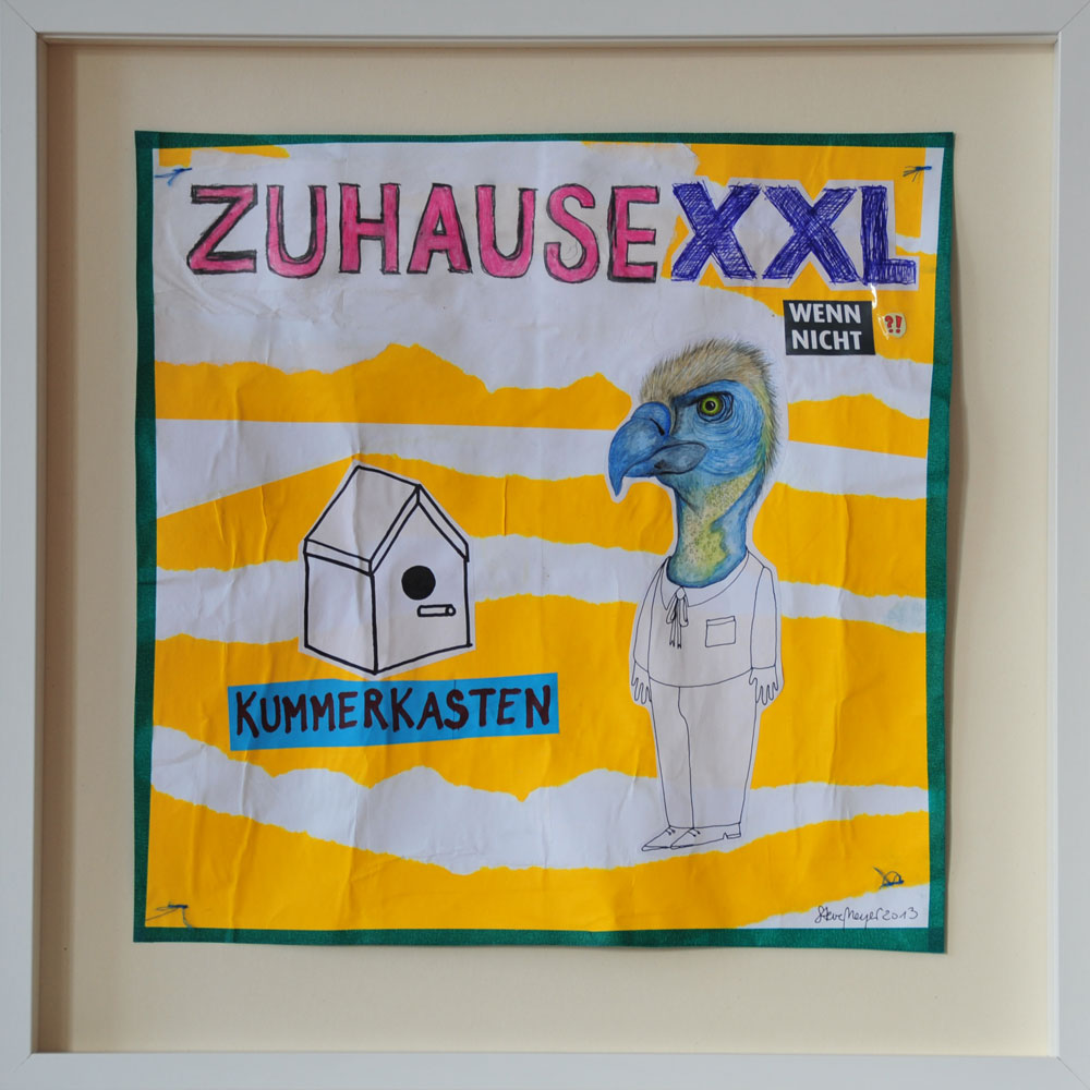 "Zuhause XXL", Mischtechnik auf verleimtem Papier auf Pappe genäht, 50 cm x 50 cm, gerahmt und signiert, Preis: 490.- Euro