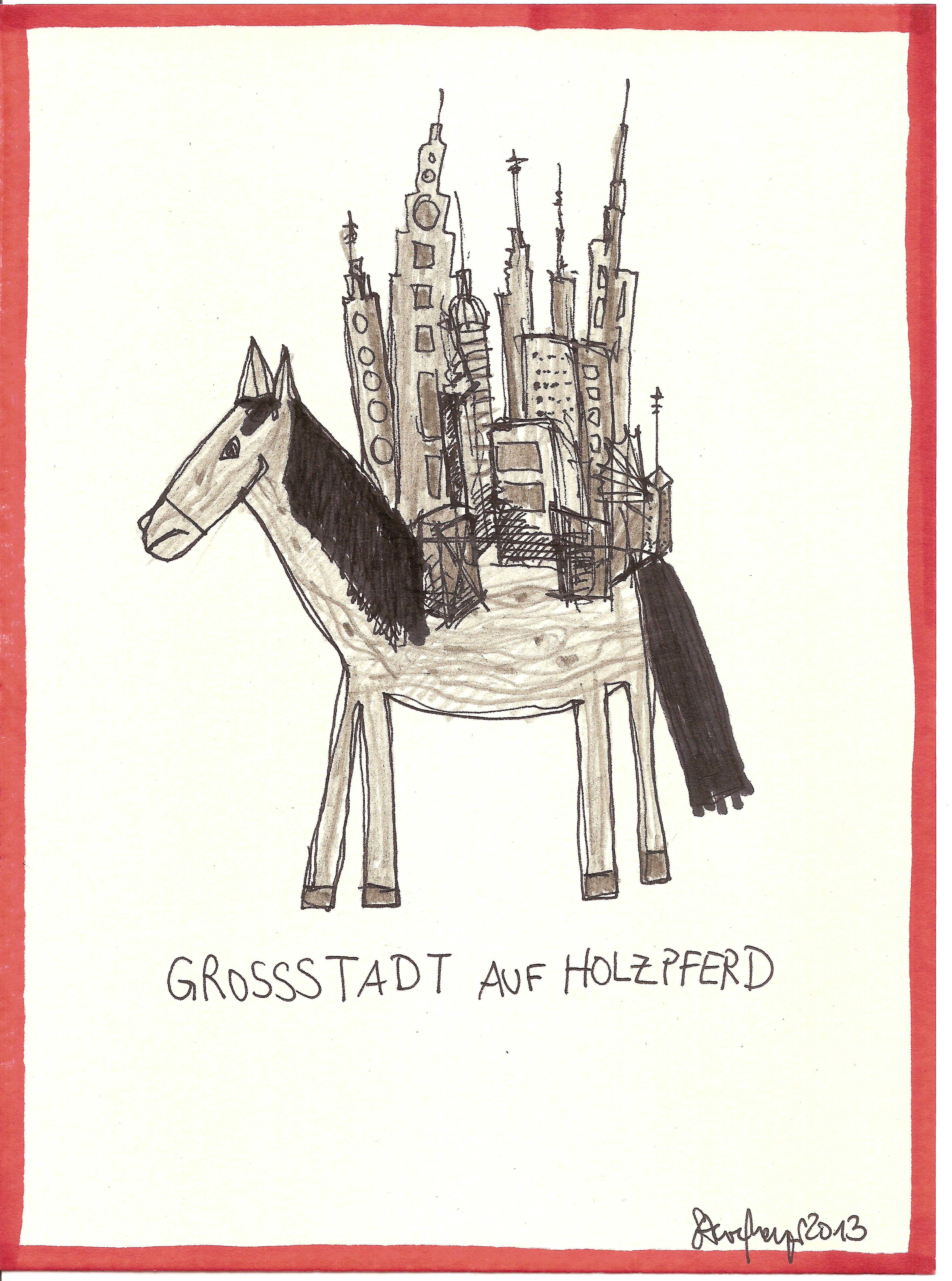 "Großstadt auf Holzpferd", Mischtechnik auf Papier, ca. 20 cm x 15 cm, Preis auf Anfrage
