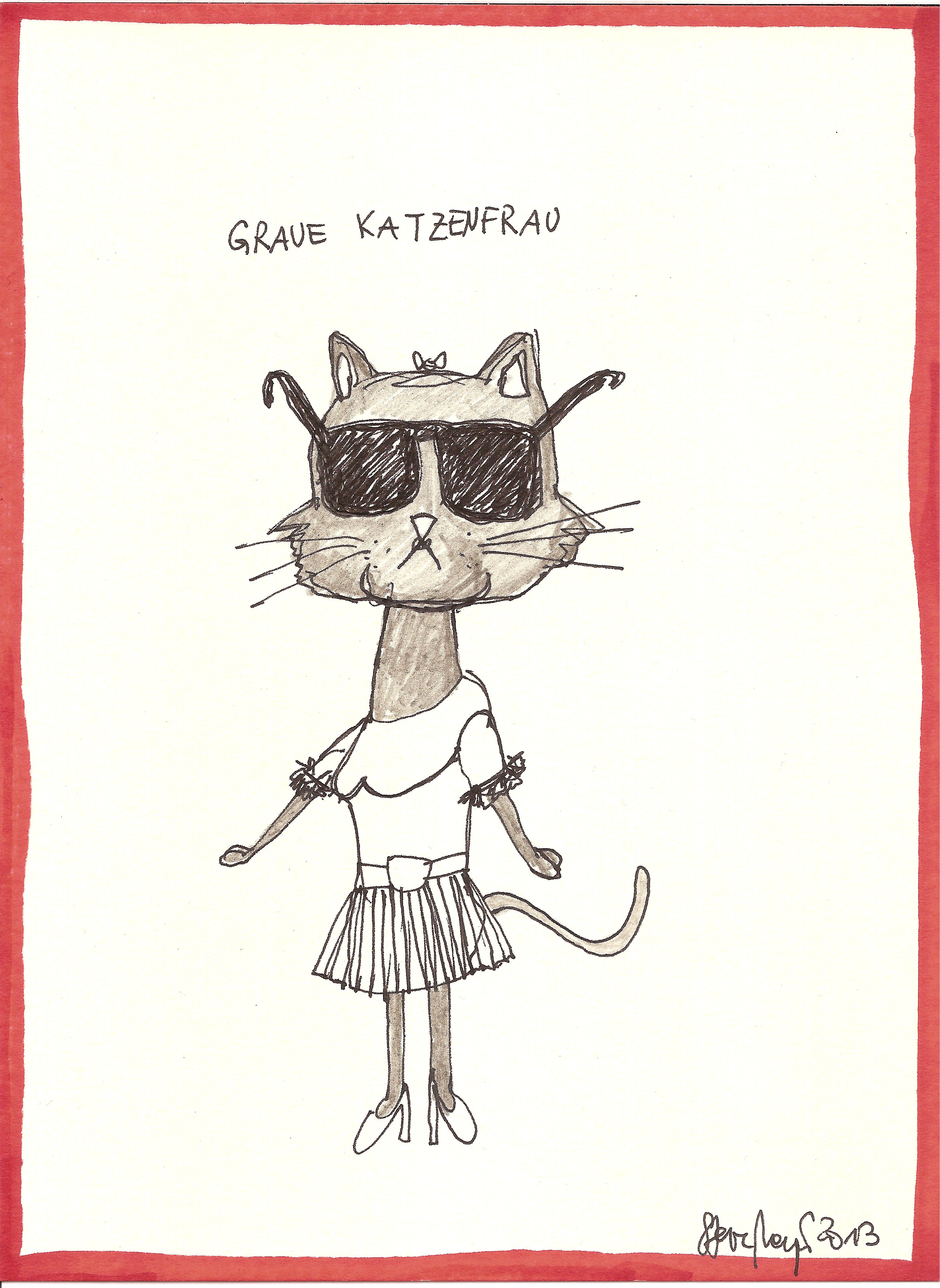 "Graue Katzenfrau", Mischtechnik auf Papier, ca. 20 cm x 15 cm, Privatbesitz