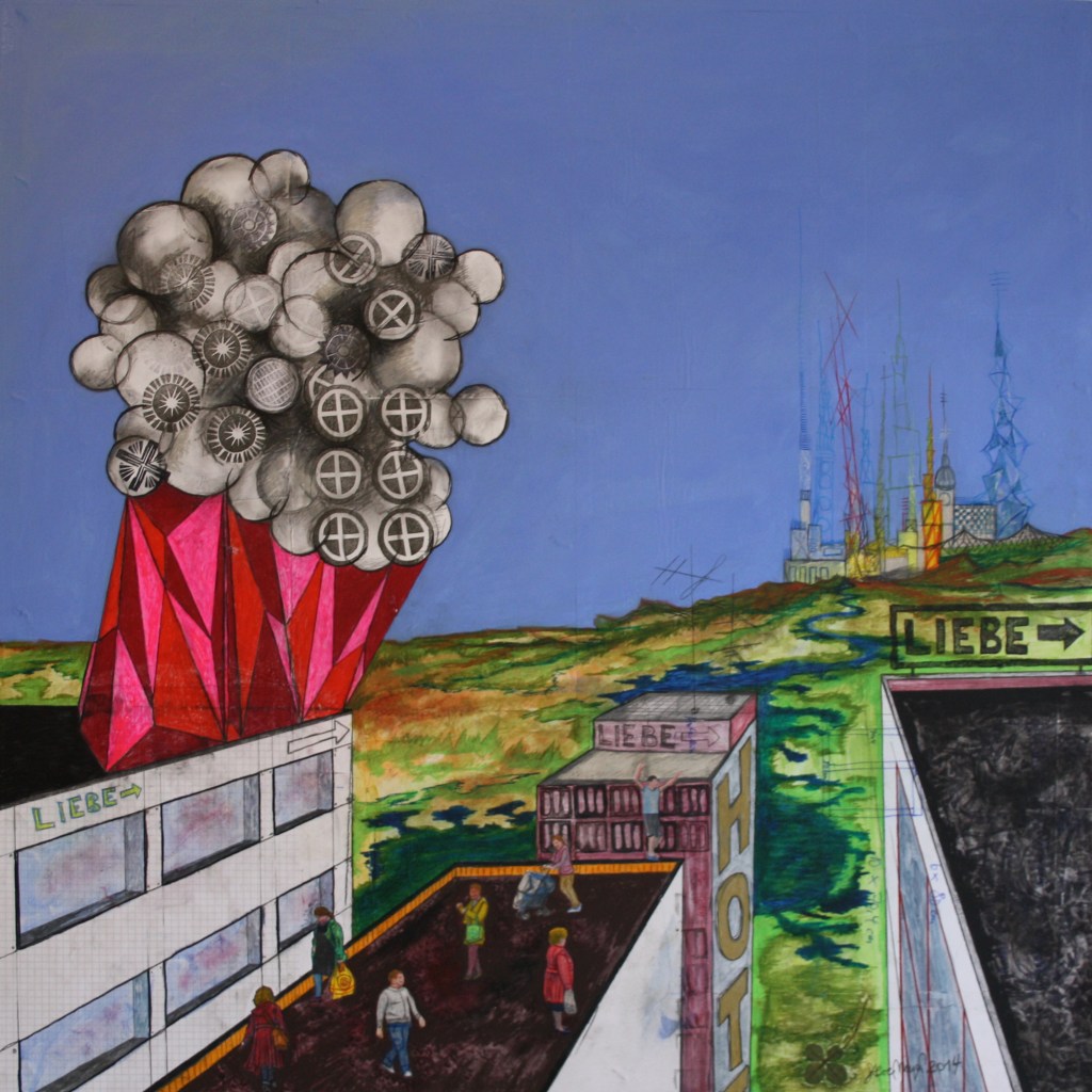 Stadtbild4-Q80-14, Mischtechnik auf Hartfaser/Holz, 80 cm x 80 cm, 2014, gerahmt, Kaufen oder Leihen über "Die Artothek" - Link: https://www.dieartothek.de/?p=artist&artist=Steve%20Meyer - Werksnr. 00535, Preis 1700.- Euro