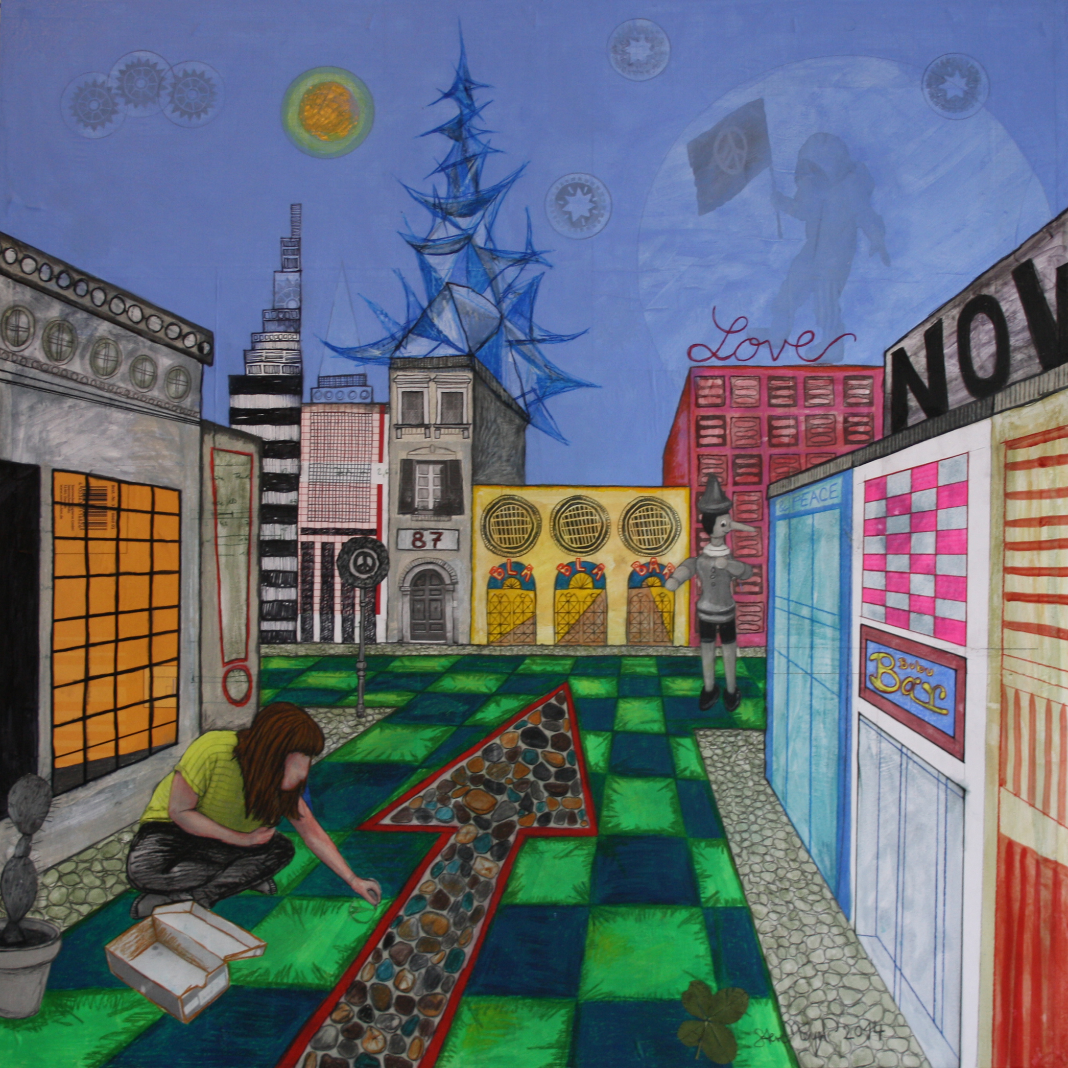 Stadtbild5-Q80-14, Mischtechnik auf Hartfaser/Holz, 80 cm x 80 cm, 2014, Preis auf Anfrage