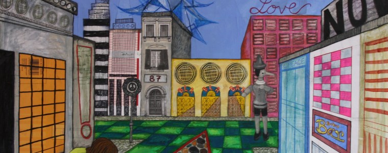 Stadtbild5-Q80-14, Mischtechnik auf Hartfaser/Holz, 80 cm x 80 cm, 2014, gerahmt, Kaufen oder Leihen über "Die Artothek" - Link: https://www.dieartothek.de/?p=artist&artist=Steve%20Meyer - Werksnr. 00536, Preis 1700.- Euro