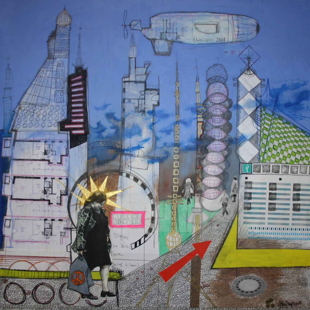 Stadtbild1-Q80-14, Mischtechnik auf Hartfaser/Holz, 80 cm x 80 cm, 2014, gerahmt, Kaufen oder Leihen über "Die Artothek" - Link: https://www.dieartothek.de/?p=artist&artist=Steve%20Meyer - Werksnr. 00532, Preis 1700.- Euro