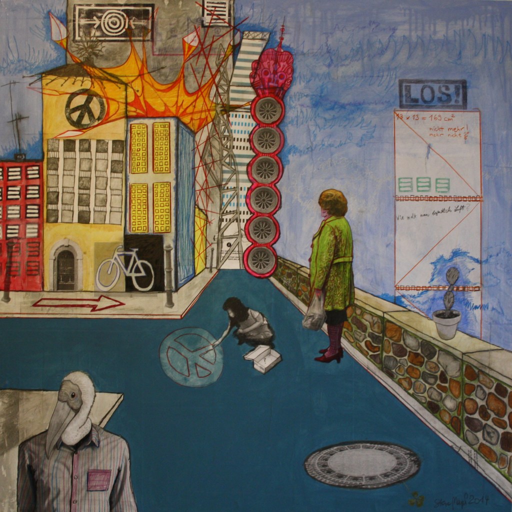 Stadtbild3-Q80-14, Mischtechnik auf Hartfaser/Holz, 80 cm x 80 cm, 2014, gerahmt, Kaufen oder Leihen über "Die Artothek" - Link: https://www.dieartothek.de/?p=artist&artist=Steve%20Meyer - Werksnr. 00534, Preis 1700.- Euro