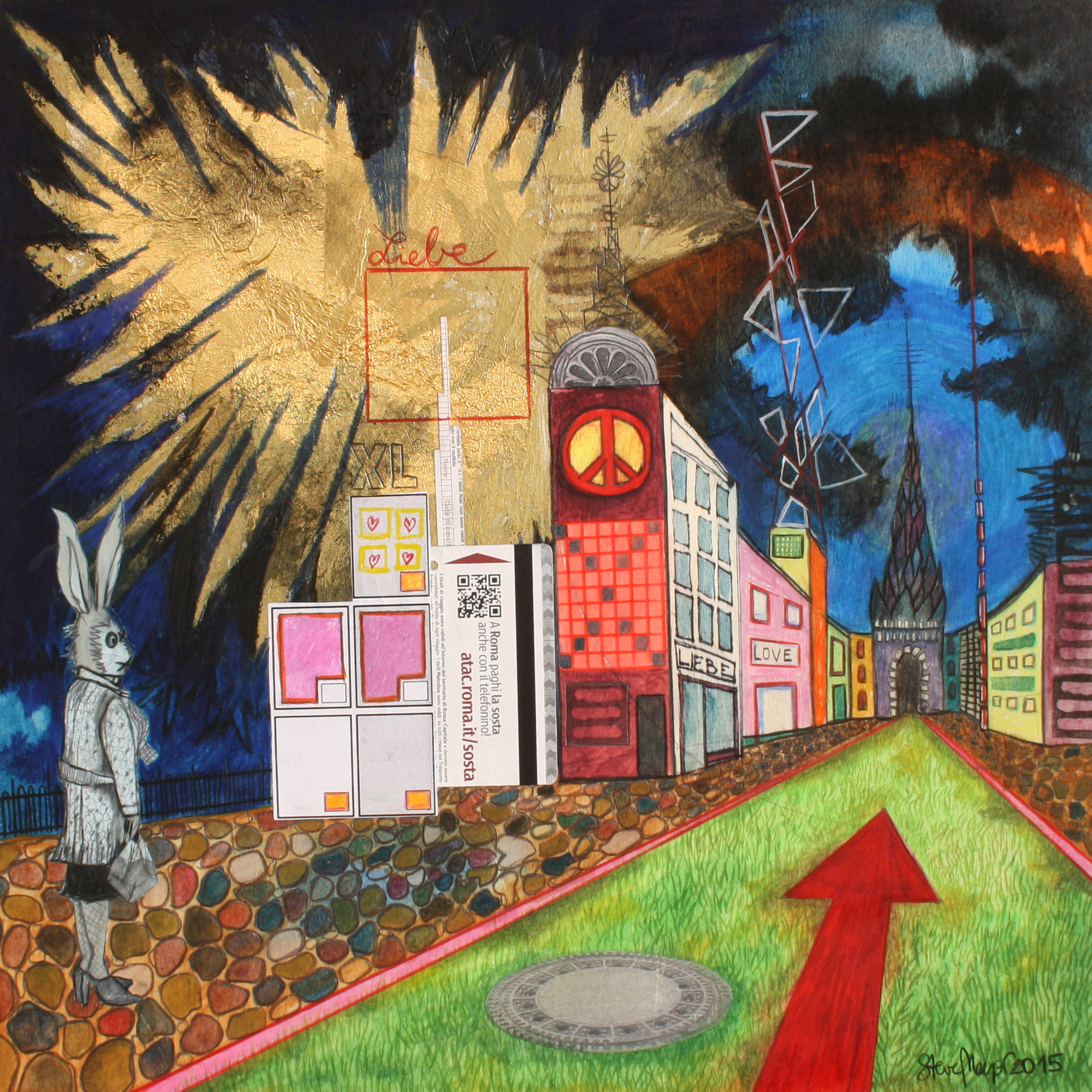 "Businesshäschen auf dem Weg ins Büro", Mischtechnik auf Holz, 40 cm x 40 cm, 2015, gerahmt / Schattenfuge Linde natur / Gesamtgröße: 44 cm x 44 cm, Preis: 410.- Euro