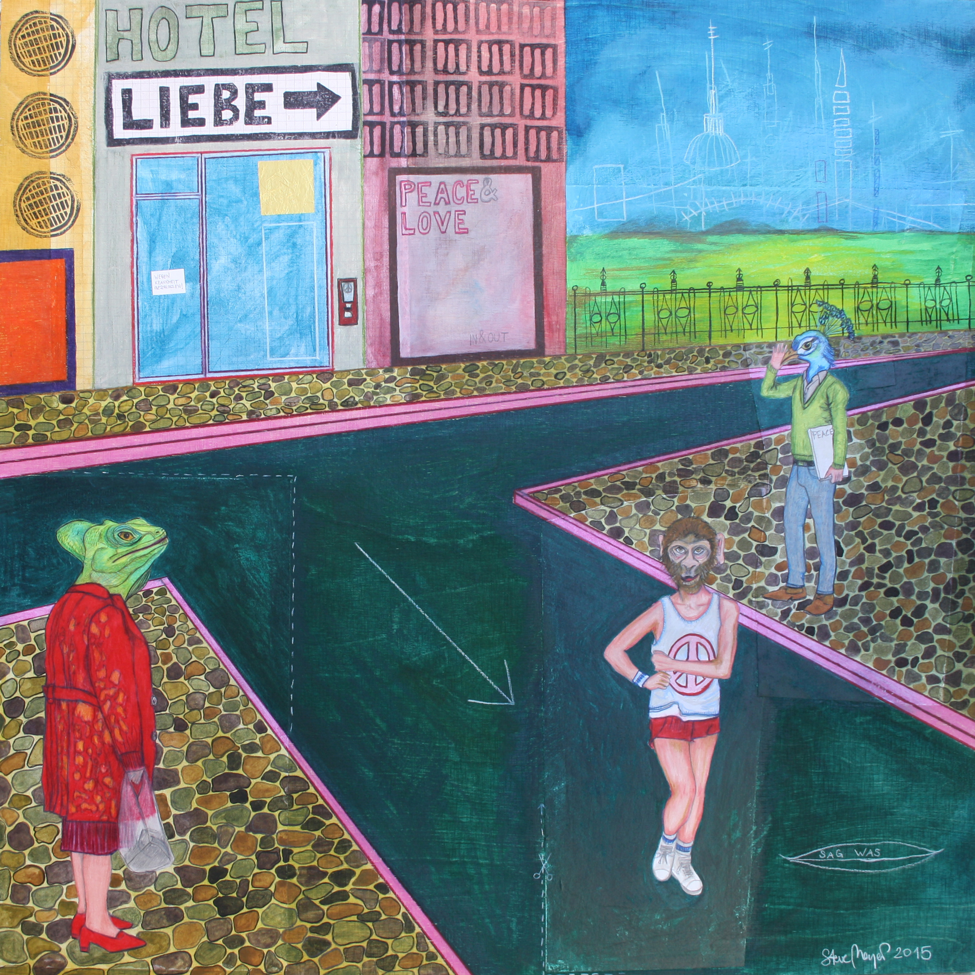 "Hotel Liebe - Wegen Krankheit geschlossen", Mischtechnik auf Holz, 60 cm x 60 cm, 2015, gerahmt / Schattenfuge Linde natur / Gesamtgröße: 64 cm x 64 cm, Preis: 1100.- Euro