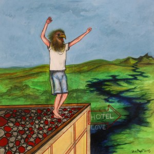 "Vogeljunge auf Hoteldach", Mischtechnik auf Holz, 40 cm x 40 cm, 2015, Gerahmt / Schattenfuge Linde nutur / Gesamtgröße: 44 cm x 44 cm, Preis auf Anfrage