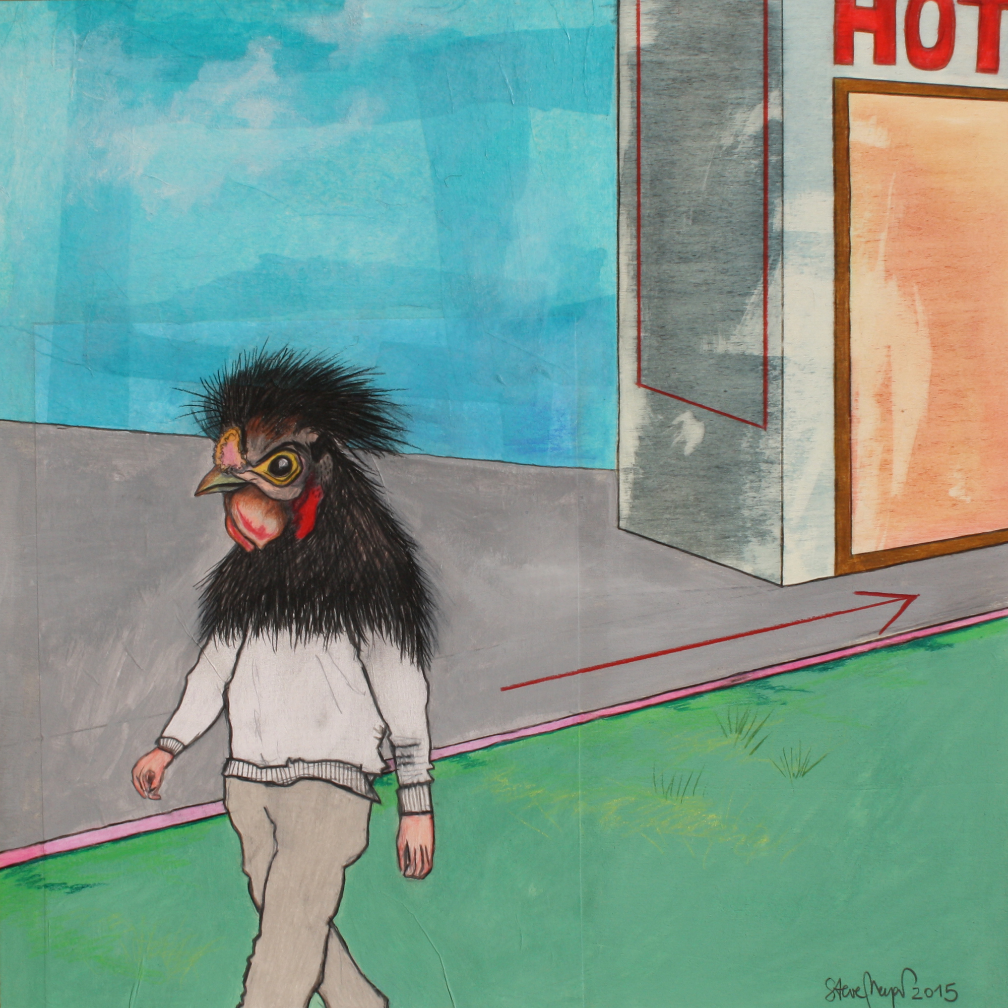 "Vogelmann unterwegs", Mischtechnik auf Holz, 40 cm x 40 cm, 2015, Gerahmt / Schattenfuge Linde natur / Gesamtgröße: 44 cm x 44 cm, Preis: 390.- Euro