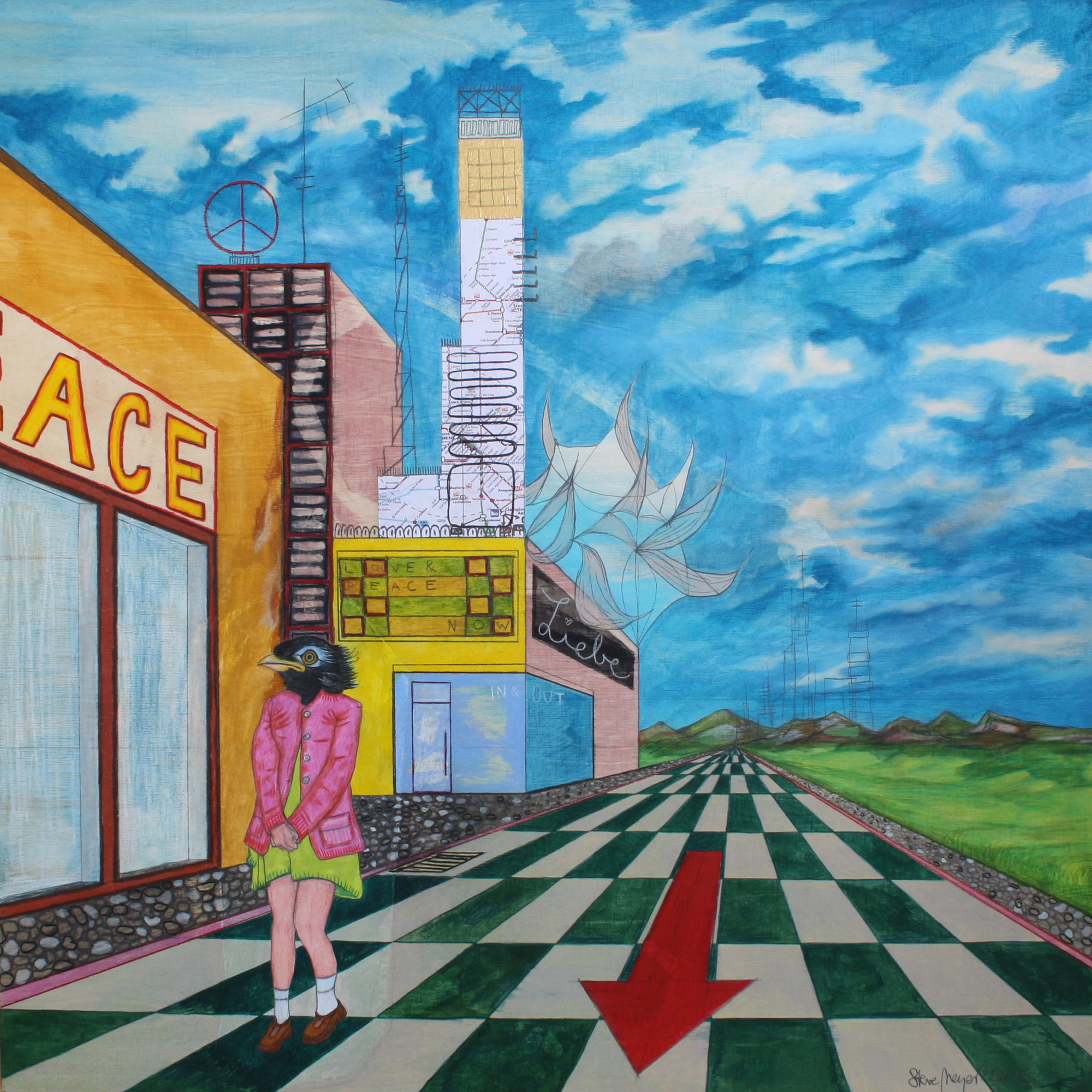 "Vogelmädchen allein am Stadtrand", Mischtechnik auf Holz, 60 cm x 60 cm, 2015, gerahmt / Schattenfuge Linde natur / Gesamtgröße: 64 cm x 64 cm, Preis: 1100.- Euro