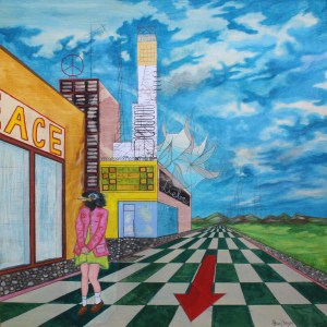 "Vogelmädchen allein am Stadtrand", Mischtechnik auf Holz, 60 cm x 60 cm, 2015, gerahmt / Schattenfuge Linde natur / Gesamtgröße: 64 cm x 64 cm, Preis auf Anfrage