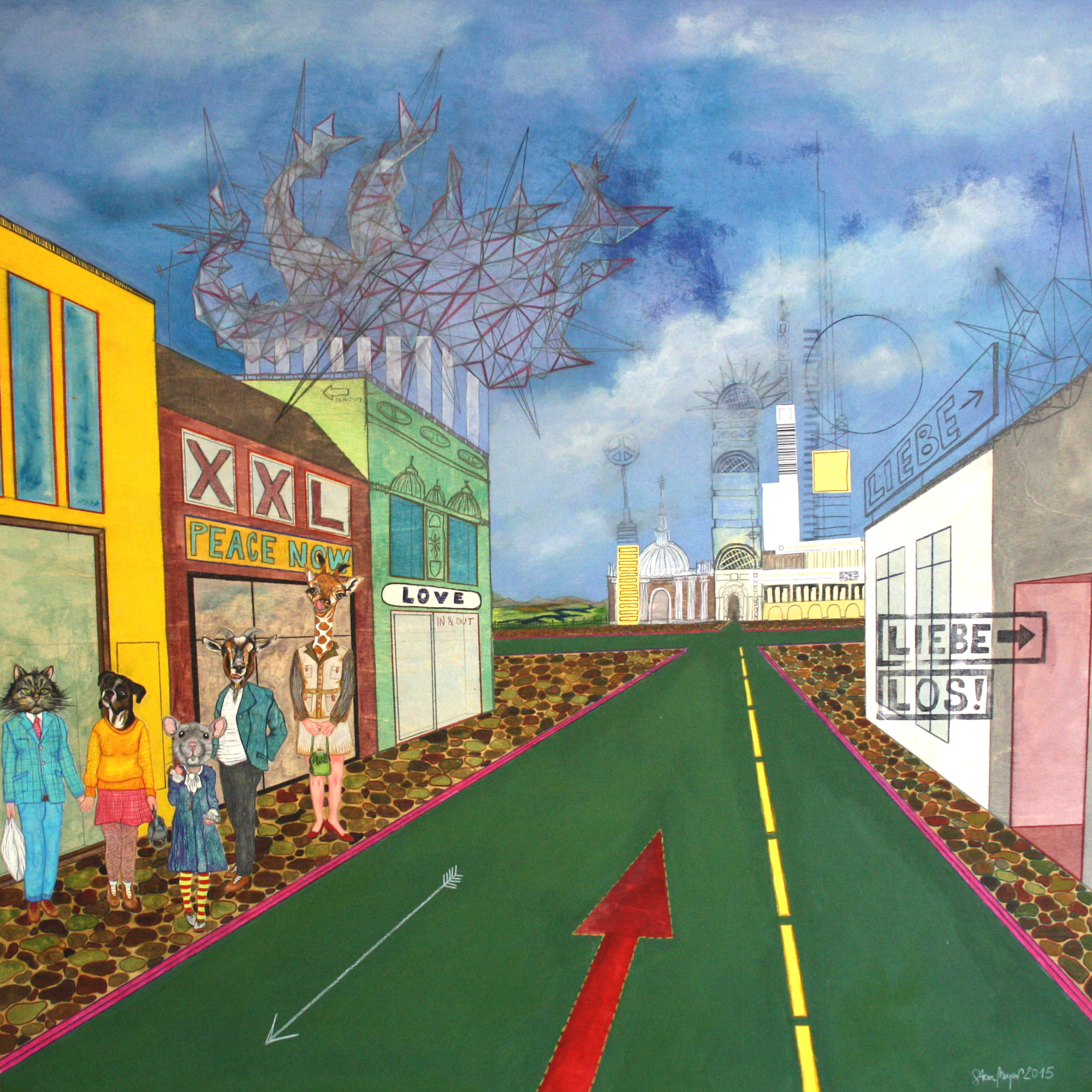 "Fünf Menschentiere warten und schauen", Mischtechnik auf Holz, 100 cm x 100 cm, 2015, gerahmt / Schattenfuge Linde natur / Gesamtgröße: 104 cm x 104 cm, Preis: 2800.- Euro