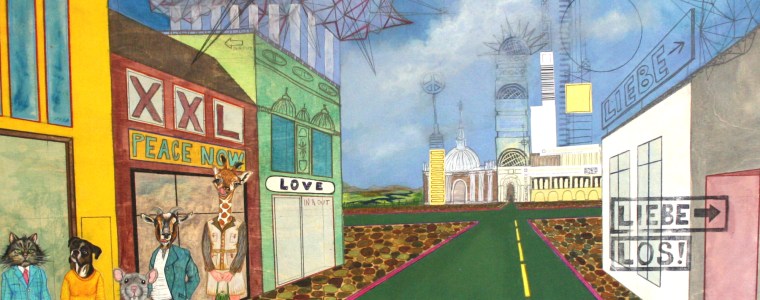 "Fünf Menschentiere warten und schauen", Mischtechnik auf Holz, 100 cm x 100 cm, 2015, gerahmt / Schattenfuge Linde natur / Gesamtgröße: 104 cm x 104 cm, Preis: 2800.- Euro