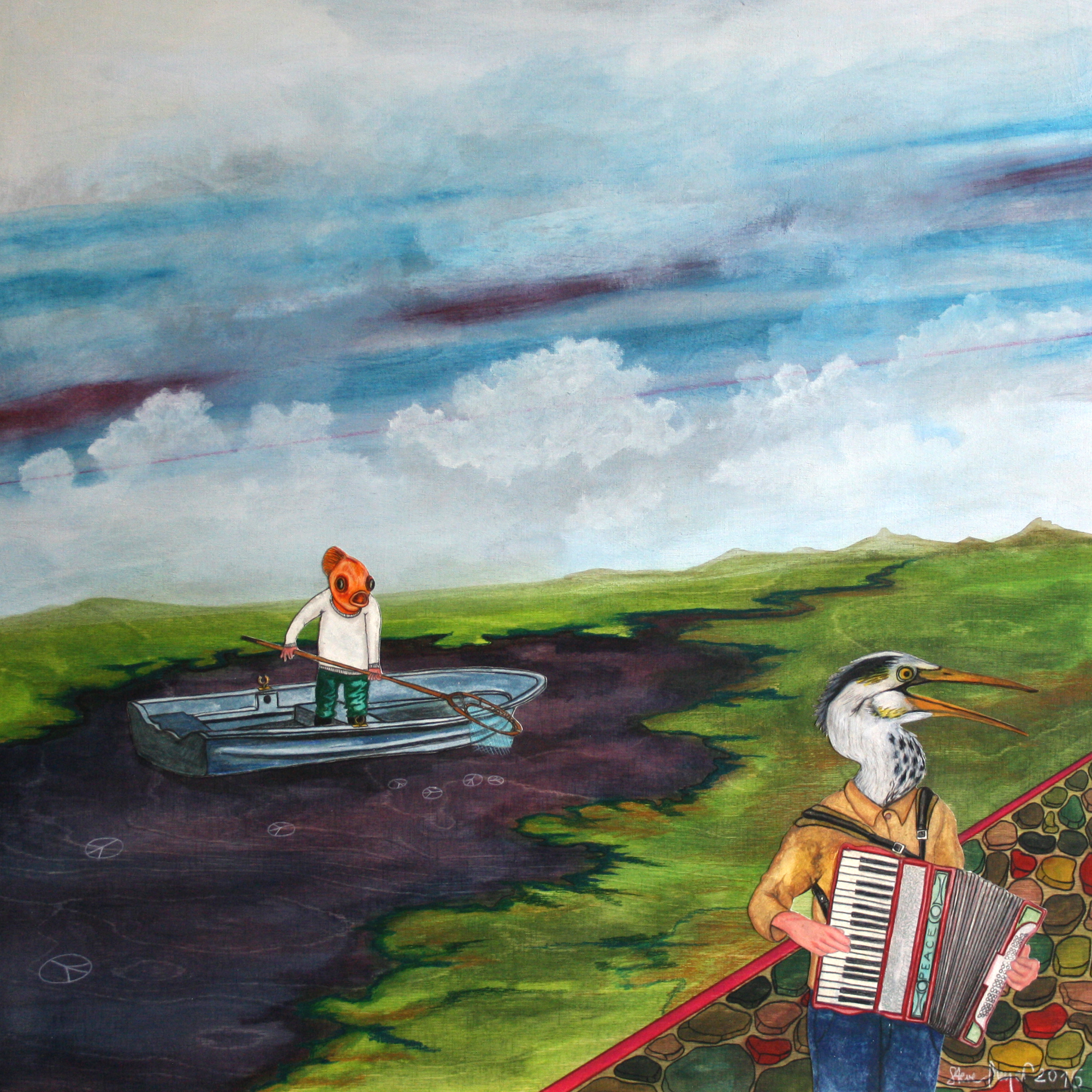 "Der Liedermacher und sein Akkordeon", Mischtechnik auf Holz, 60 cm x 60 cm, 2015, gerahmt / Schattenfuge Linde natur / Gesamtgröße: 64 cm x 64 cm, Preis: 1100.- Euro