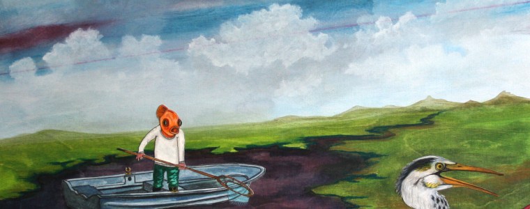 "Der Liedermacher und sein Akkordeon", Mischtechnik auf Holz, 60 cm x 60 cm, 2015, gerahmt / Schattenfuge Linde natur / Gesamtgröße: 64 cm x 64 cm, Preis: 1100.- Euro