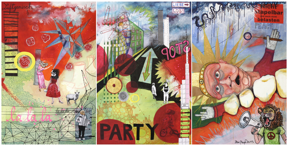 "La La La, Party, Peace", Mischtechnik auf Leinwand, Triptychon 3 x 120 cm x 80 cm, 2015, Privatbesitz