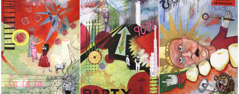 "La La La, Party, Peace", Mischtechnik auf Leinwand, Triptychon 3 x 120 cm x 80 cm, 2015, Privatbesitz