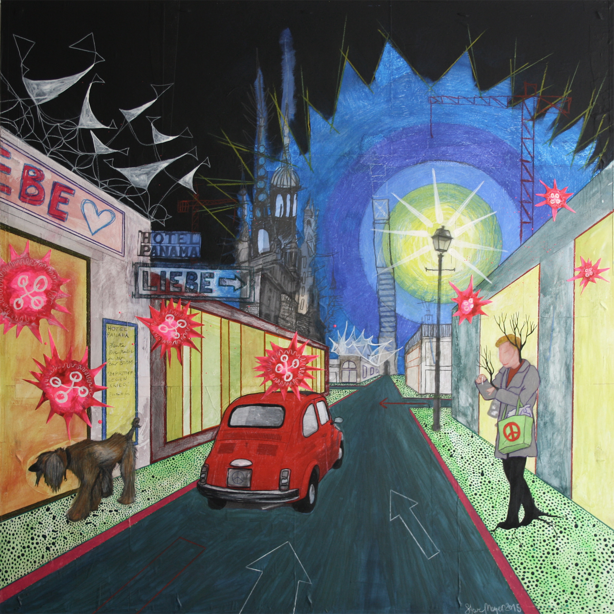 "Nachts vor dem Hotel Panama", Mischtechnik auf Hartfaser / Holz, 80 cm x 80 cm, 2015, gerahmt / Schattenfuge Linde natur / Gesamtgröße 84,5 cm x 84,5 cm, Preis: 2600.- Euro