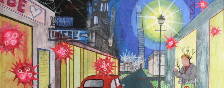 "Nachts vor dem Hotel Panama", Mischtechnik auf Hartfaser / Holz, 80 cm x 80 cm, 2015, gerahmt / Schattenfuge Linde natur / Gesamtgröße 84,5 cm x 84,5 cm, Preis: 2600.- Euro