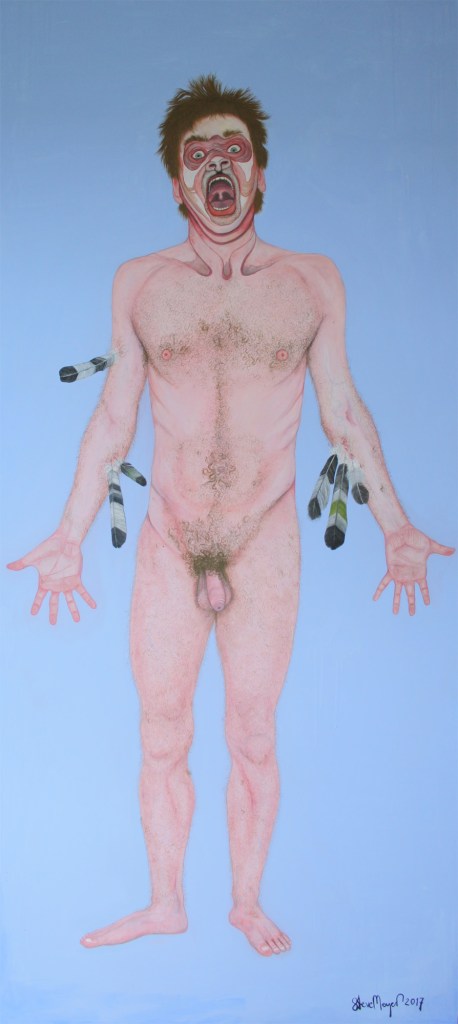 "Schreiender Federmann", Öl auf Holz, 220 cm x 100 cm, 2017, Preis auf Anfrage