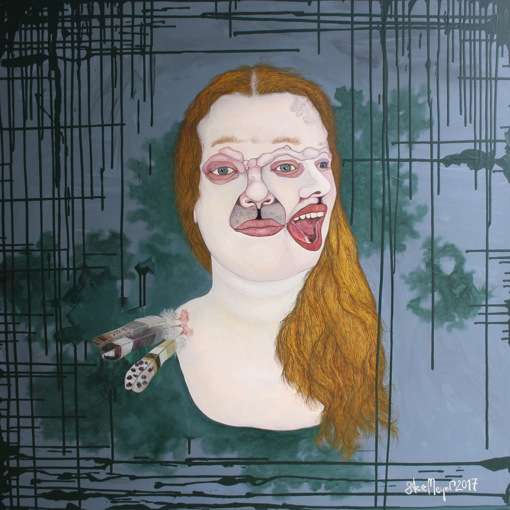"Frau Sophia Federschön", Öl auf Holz, 100 cm x 100 cm, 2017, Preis: 3900.- Euro
