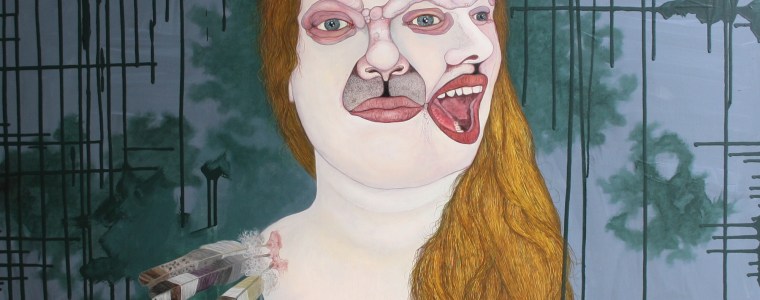 "Frau Sophia Federschön", Öl auf Holz, 100 cm x 100 cm, 2017, Preis: 3900.- Euro