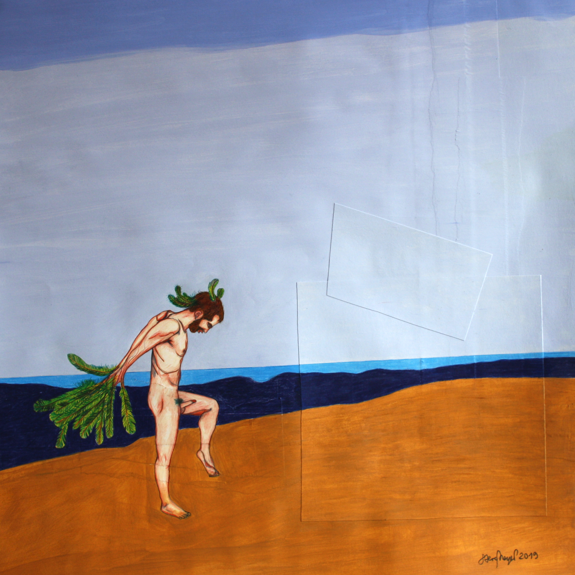 "Kurzer Balztanz der Vogelmänner", Mischtechnik auf Papier, 50 cm x 50 cm, 2019, Preis: 580.- Euro