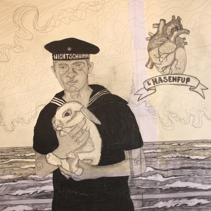 "Nichtschwimmer und Hasenfuß", Bleistift auf Papier, 50 cm x 50 cm, gerahmt, 2020, Preis: 580.- Euro