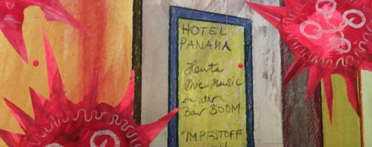 „Nachts vor dem Hotel Panama“ (Ausschnitt), Mischtechnik auf Hartfaser / Holz, 80 cm x 80 cm, 2015, gerahmt / Schattenfuge Linde natur / Gesamtgröße 84,5 cm x 84,5 cm