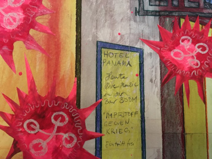 „Nachts vor dem Hotel Panama“ (Ausschnitt), Mischtechnik auf Hartfaser / Holz, 80 cm x 80 cm, 2015, gerahmt / Schattenfuge Linde natur / Gesamtgröße 84,5 cm x 84,5 cm