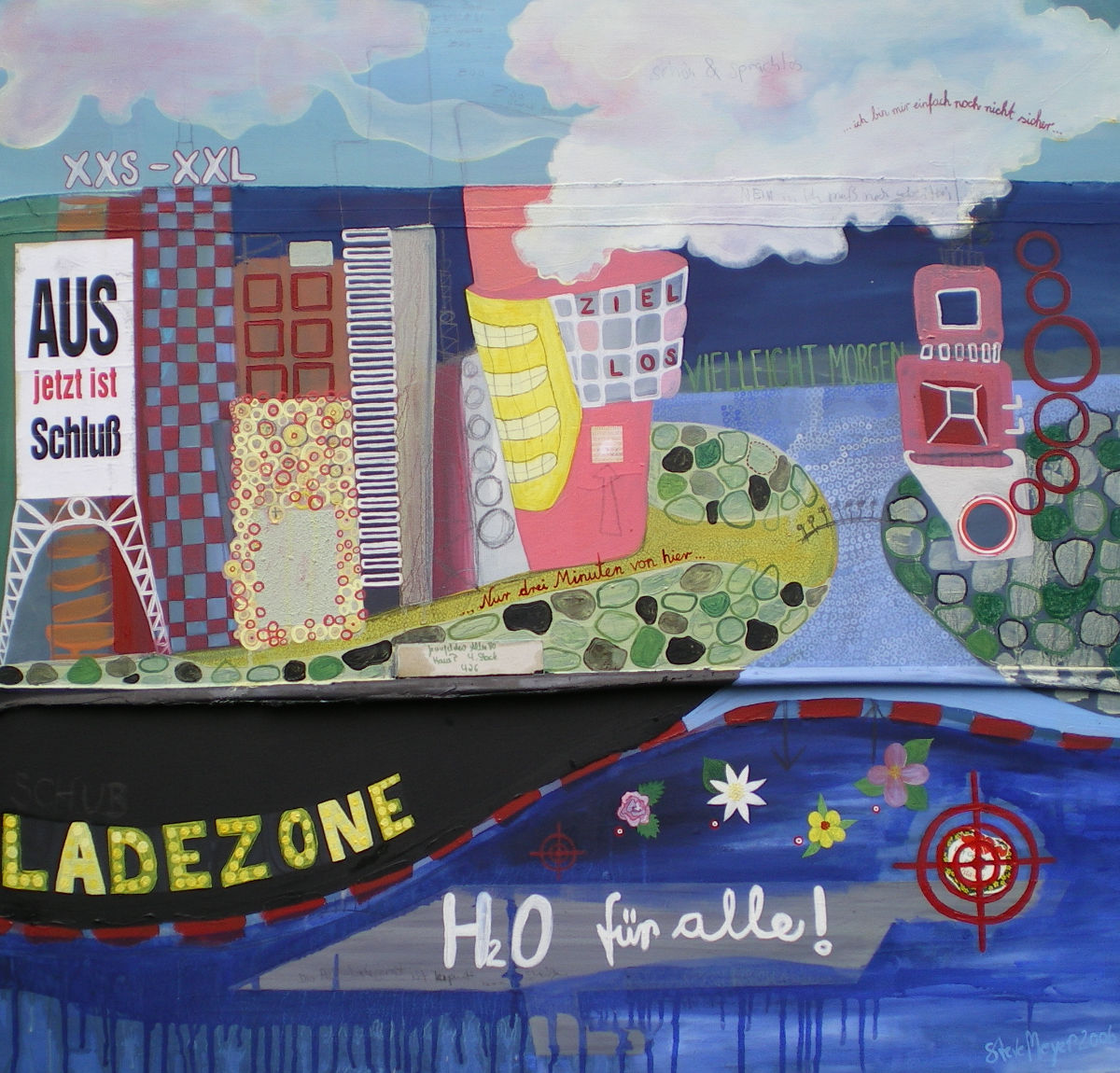 Ohne Titel, Öl/gefundene Zettel auf Leinwand, 90 cm x 95 cm, Privatbesitz