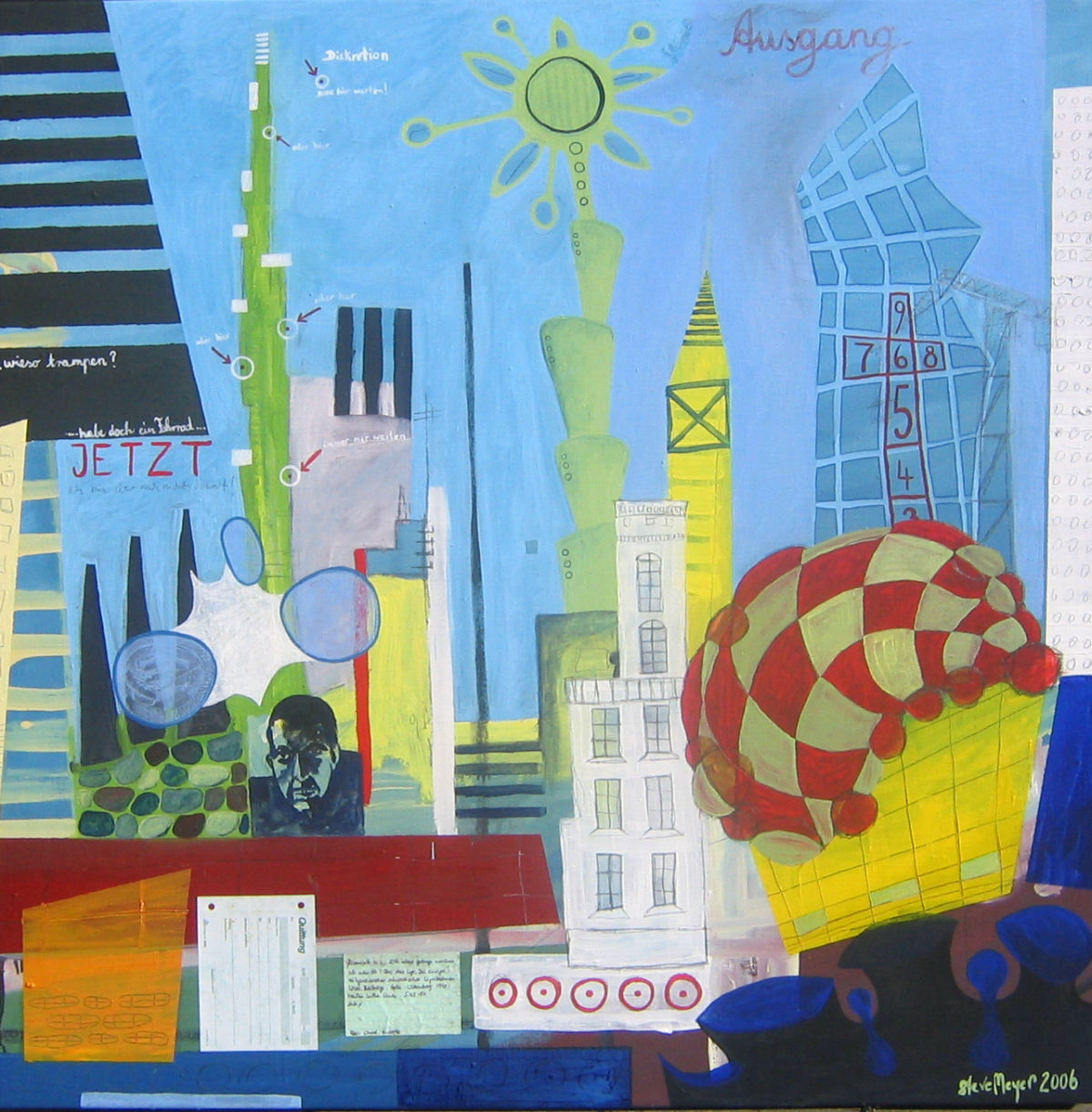 Ohne Titel, Öl/gefundene Zettel auf Leinwand, 100 cm x 100 cm, Privatbesitz