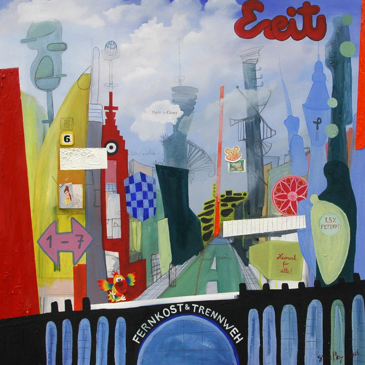 Ohne Titel, Öl/gefundene Zettel auf Leinwand, 95 cm x 95 cm, Preis: 2800.- Euro