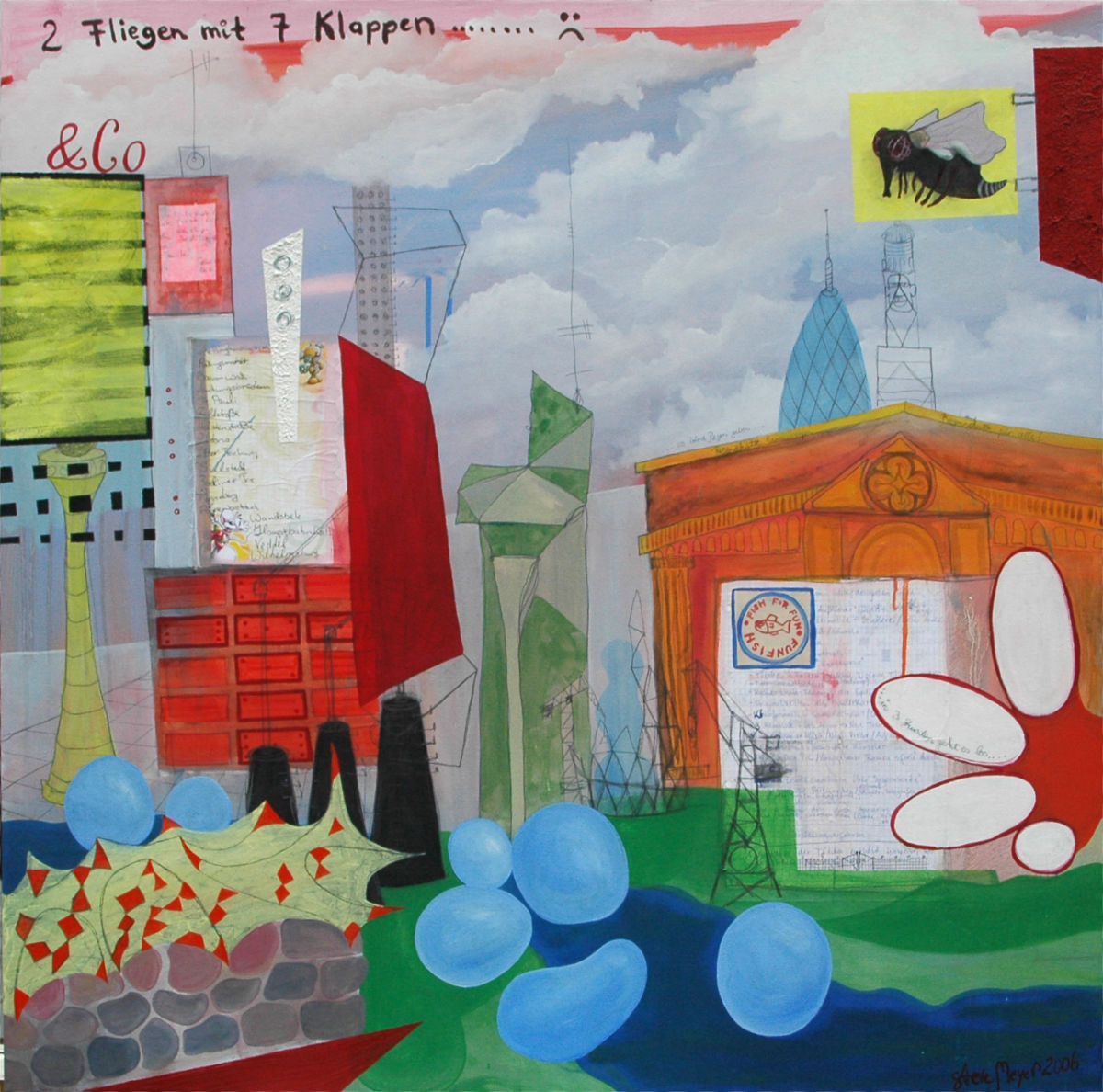 Ohne Titel, Öl/gefundene Zettel auf Leinwand, 100 cm x 100 cm, Preis: 2900.- Euro