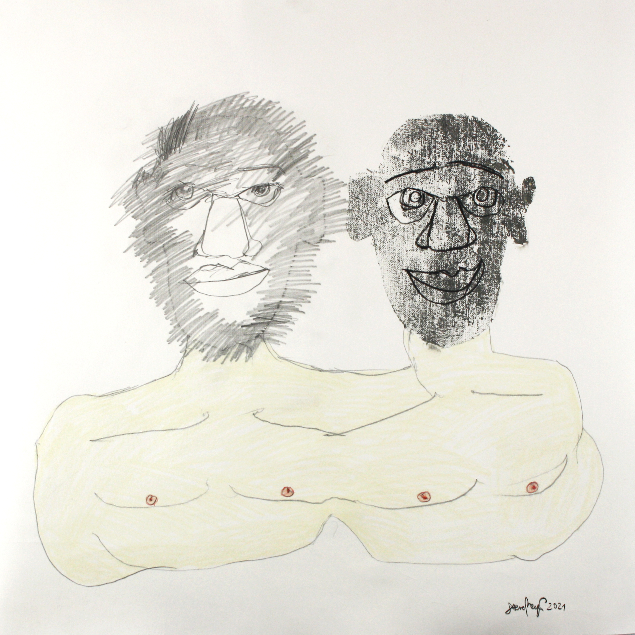 "1+1=1", Mischtechnik (Ölfarbe, Buntstift, Bleistift) auf Papier, 50 cm x 50 cm, 2021, Preis: 380.- Euro