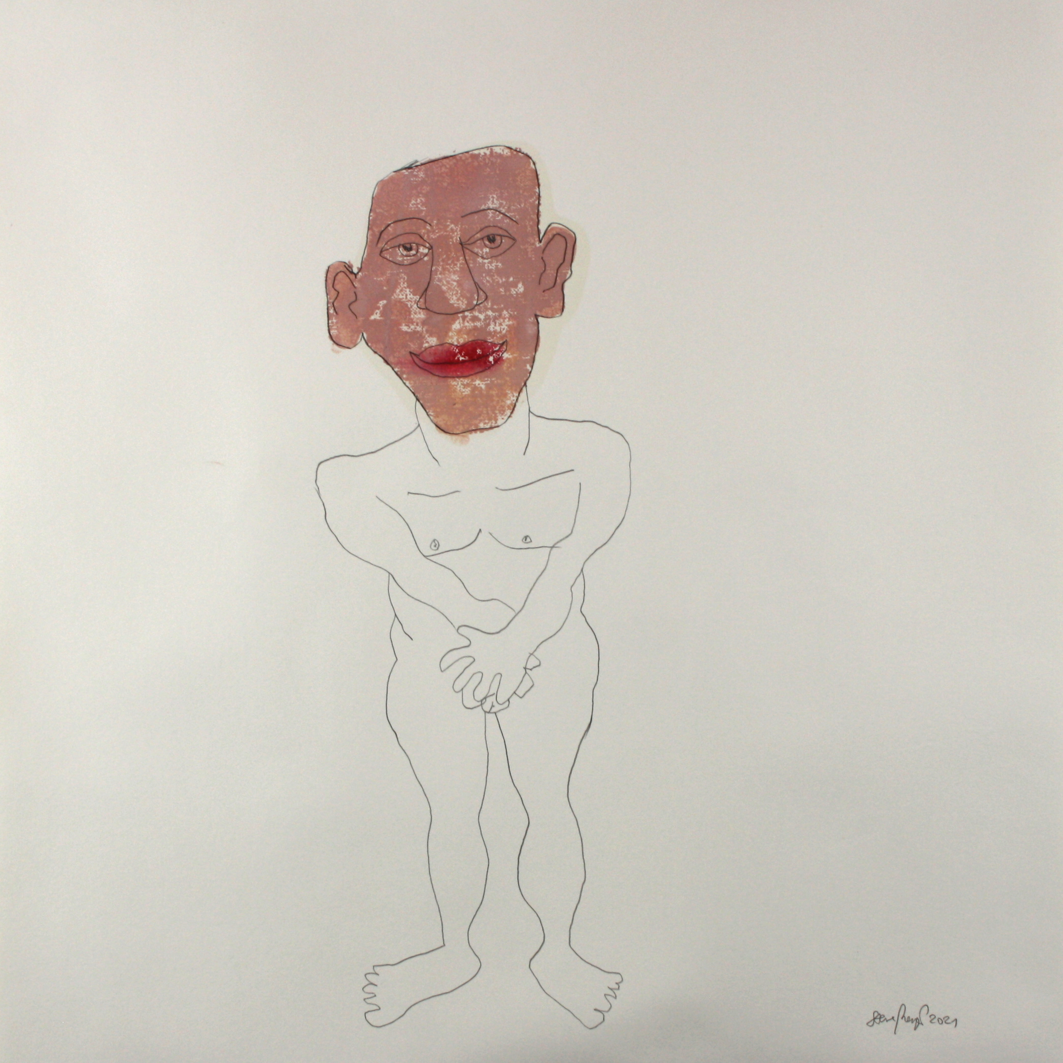 "Anfangs ist er scheu", Mischtechnik (Ölfarbe, Bleistift) auf Papier, 50 cm x 50 cm, 2021, Preis: 380.- Euro