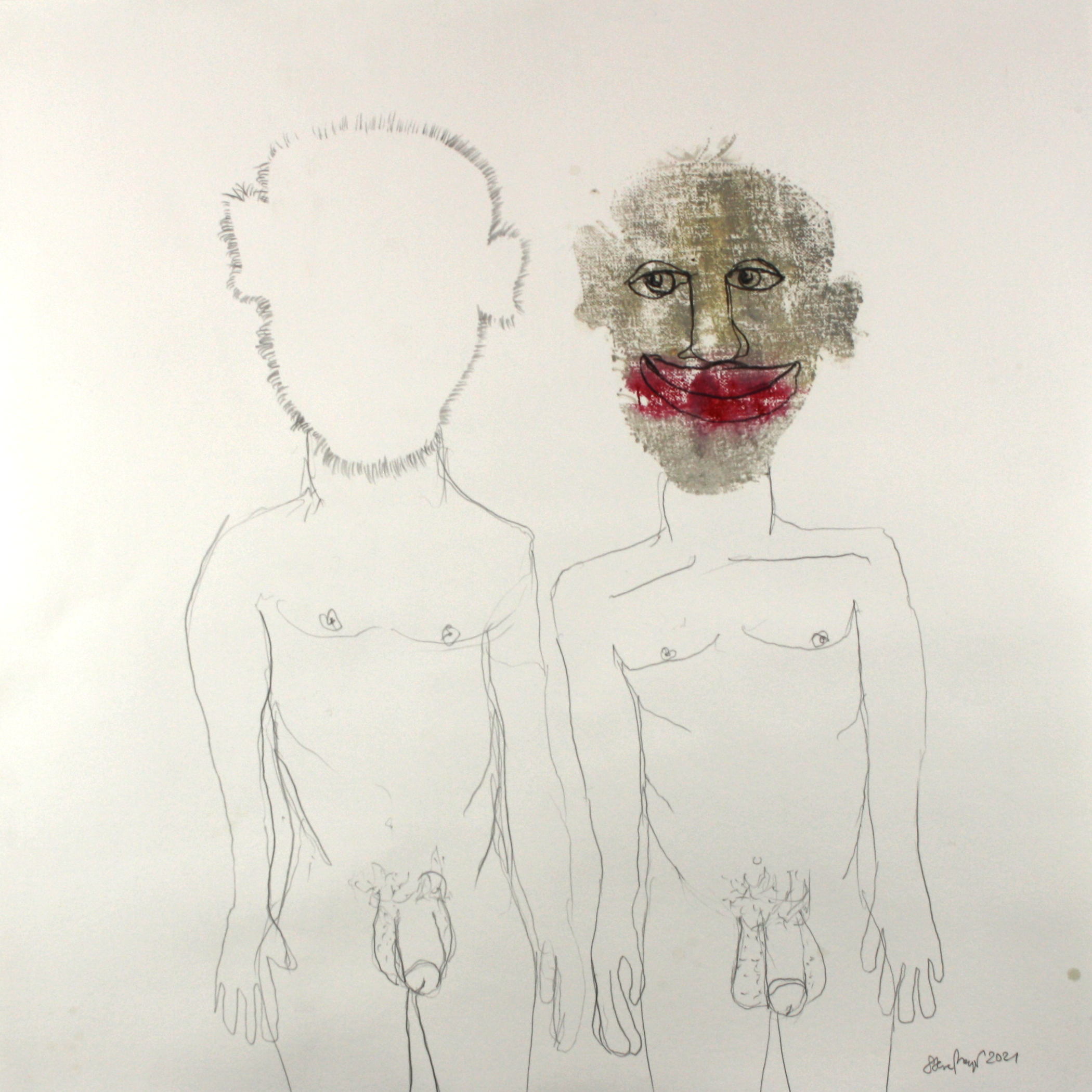 "Wo bist du?", Mischtechnik (Ölfarbe, Buntstift, Bleistift) auf Papier, 50 cm x 50 cm, 2021, Preis: 380.- Euro